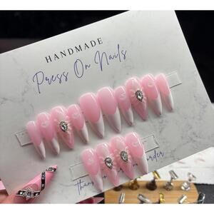 Extra long stiletto press on nails white French tips acrylic flowers hearts pink